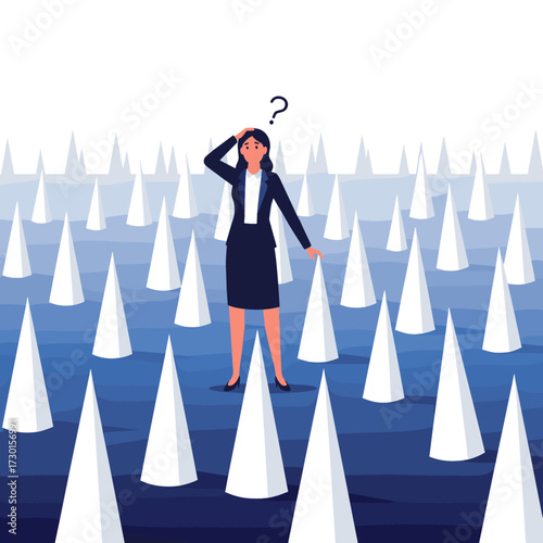 A confused businesswoman stands in a field of sharp cones contemplating her difficult choices.