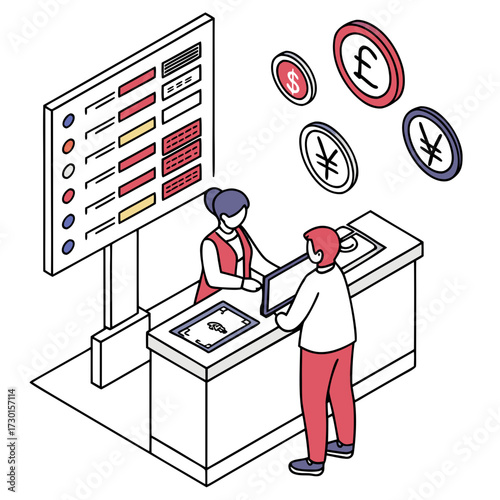 Isometric currency exchange counter with staff and customer