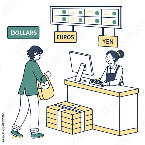 Currency exchange service with customer and cashier