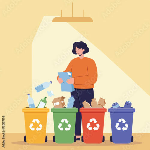Woman sorts recycling into four colorful bins in an illustration
