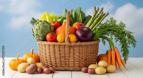 Abundant harvest bounty overflowing from rustic wicker basket featuring vibrant pumpkins, artichokes, asparagus, tomatoes, carrots, and potatoes against a bright blue sky