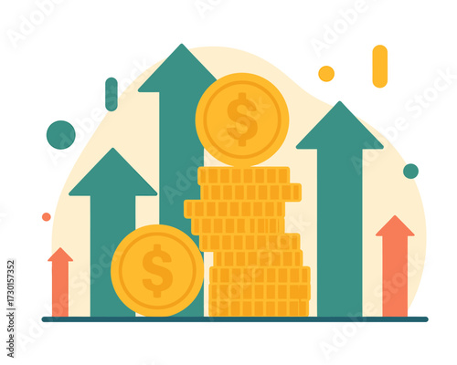 Stack of coins with arrows pointing up, representing financial growth