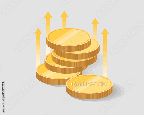 Stack of coins with arrows pointing upwards representing financial growth