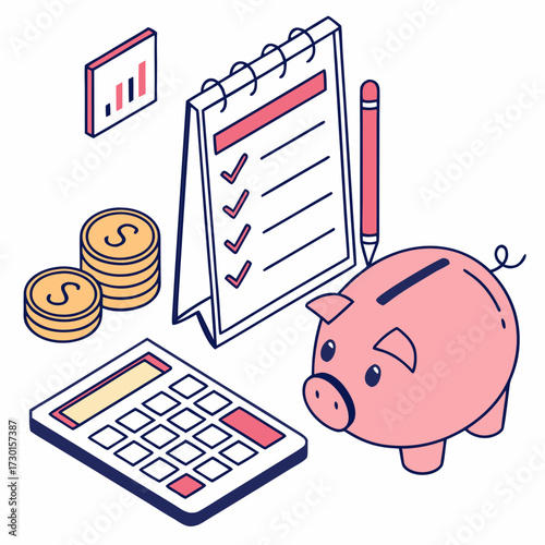 Isometric illustration of financial planning with piggy bank