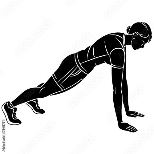 Silhouette of a woman performing a plank exercise demonstrating strength and core engagement in a dynamic fitness pose