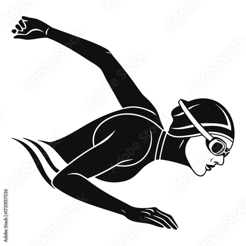 Dynamic black and white illustration of a female swimmer in goggles and cap captured mid stroke with powerful arm extension and streamlined body position
