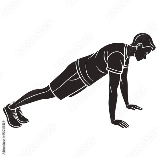 A silhouetted man in athletic wear performs a push up exercise demonstrating strength and fitness on a white background