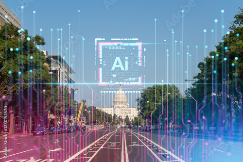 Wallpaper Mural Digital AI concept over Washington DC street with U.S. Capitol in background and futuristic interface graphics overlay on cityscape. Torontodigital.ca