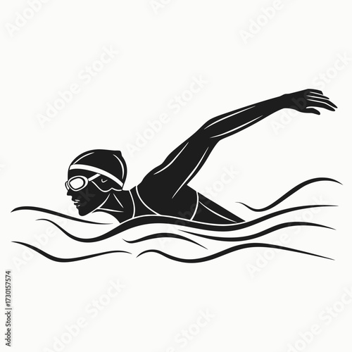Dynamic black silhouette of a female swimmer in goggles and cap executing a powerful freestyle stroke through stylized water waves