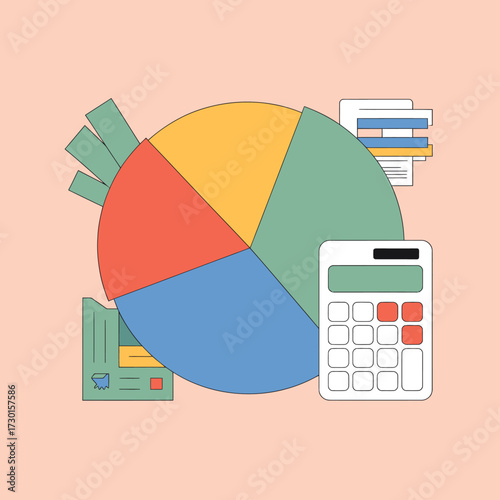 Pie chart with calculator and documents on a beige background