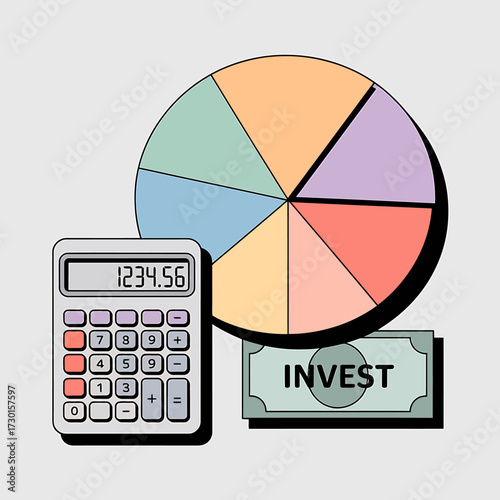 Calculator and pie chart showing investment and financial data analysis