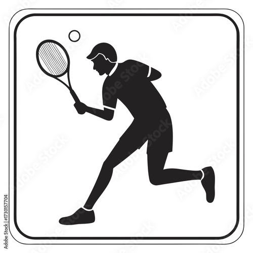 A dynamic black silhouette of a male tennis player in action mid swing with a tennis ball in the air captured within a rounded square frame symbolizing sport and athleticism