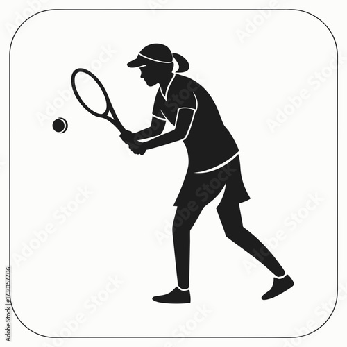 A stylized silhouette of a female tennis player in action poised to hit a tennis ball with her racket during a match on a court
