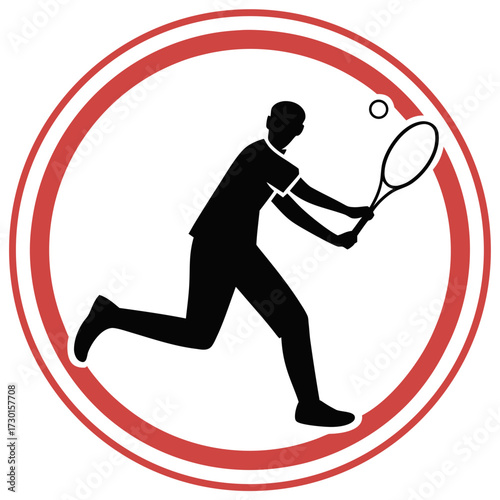 A stylized silhouette of a tennis player in action mid swing with a racket hitting a ball within a red and white circular emblem representing sport and competition