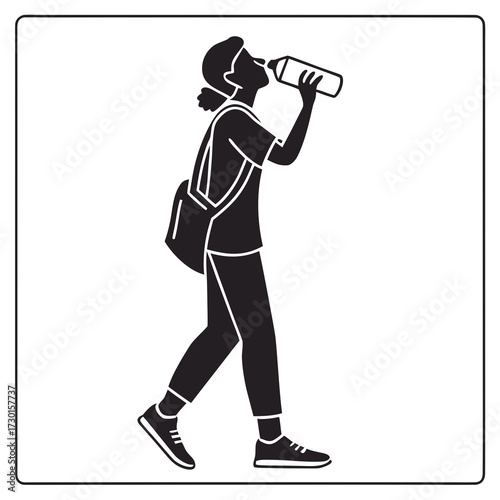 Silhouette of a person walking and drinking from a water bottle while carrying a backpack representing hydration and an active lifestyle