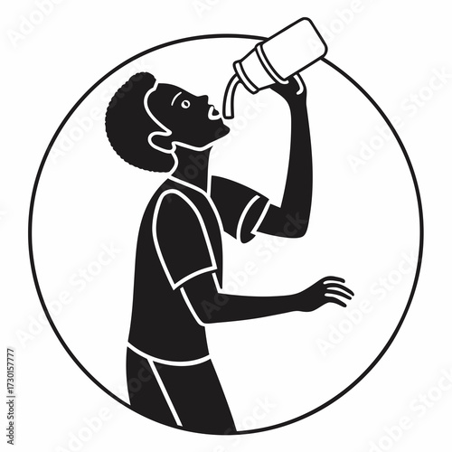 A stylized black and white silhouette of a person drinking from a bottle inside a circular frame representing health and hydration