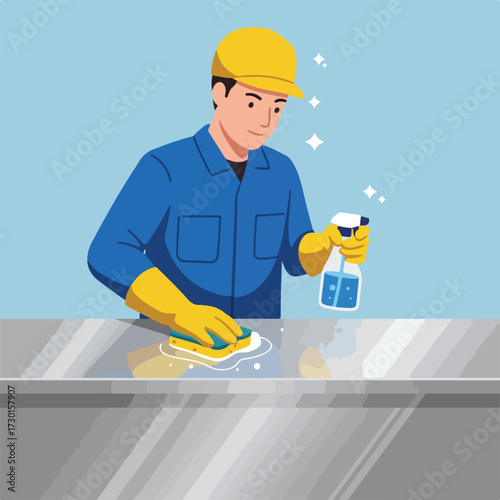 Man in uniform cleans surface with sponge and spray bottle, sparkling effects