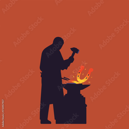 Blacksmith shaping a horseshoe on an anvil against a rust-colored background