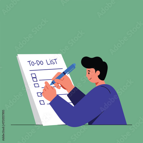 Man writing on a to-do list with a pen on a green background