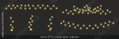 Realistic Holiday lights set isolated on transparent background. Decorative yellow string lights. Vector (EPS) twinkle lights set. Christmas lights collection. Realistic Holiday Light bulb garland