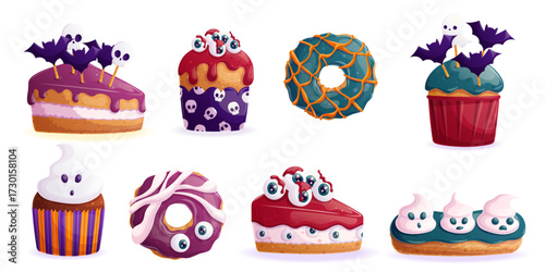 A set of sweet Halloween pastries decorated with eyeballs, ghosts and bats. Cupcakes, cakes, donuts, eclairs. Isolated vector illustration on a white background for the design of posters, banners