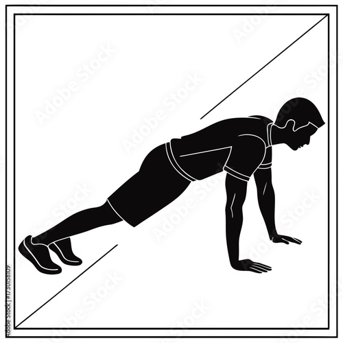 Silhouette of a fit man performing a push up exercise in a stylized frame with diagonal lines suggesting movement and energy