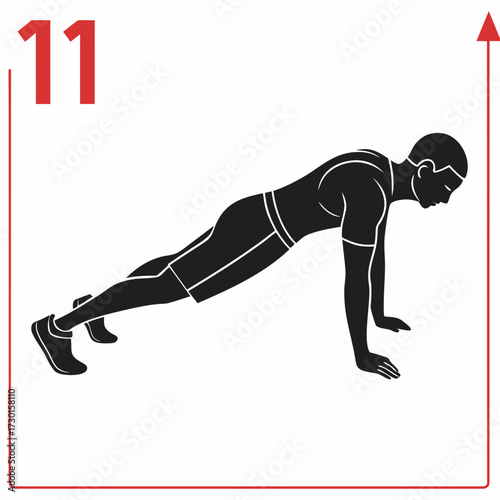 Silhouette of a man performing a push up exercise in the plank position with the number 11 indicating a step in a workout routine