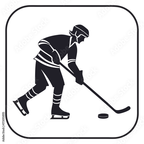 Silhouette of a hockey player in action on the ice with a stick and puck depicted in a clean modern graphic style within a rounded square frame