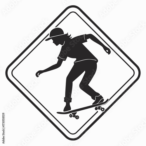 Silhouette of a skateboarder wearing a hat performing a trick within a diamond shaped frame representing extreme sports and urban culture