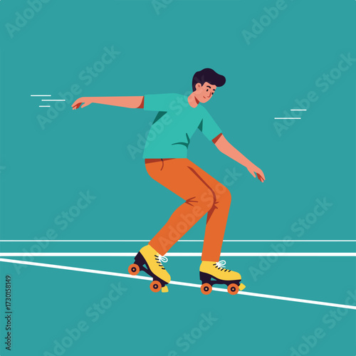 Man rollerskating on a green rink in orange pants, teal shirt, and yellow skates