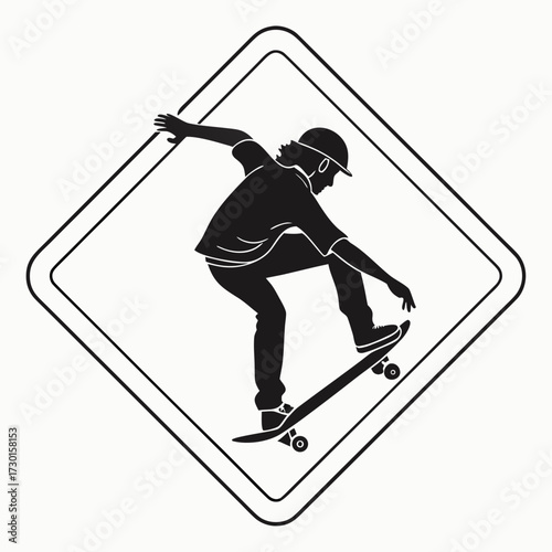 Silhouette of a skateboarder performing a trick within a diamond shaped warning sign graphic representing extreme sports and urban culture