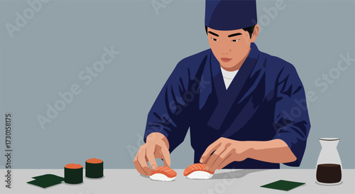 Sushi chef prepares salmon nigiri on a gray surface, with soy sauce nearby