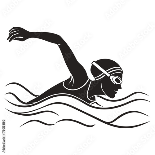 Stylized black silhouette of a swimmer in goggles and cap performing the freestyle stroke with dynamic water waves against a white background