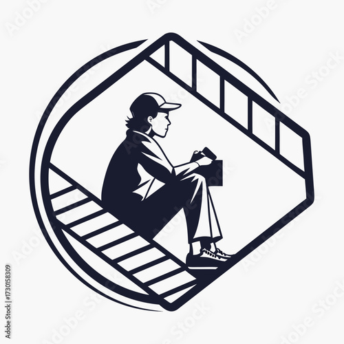 Stylized silhouette of a person wearing a baseball cap and casual clothing sitting on stairs inside a film reel frame holding a camera and looking intently