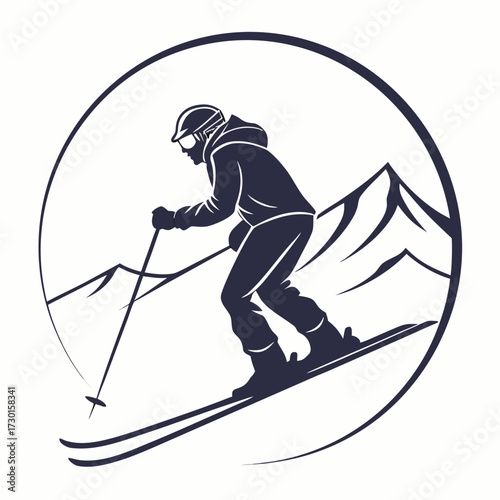Silhouette of a skier in motion descending a snowy mountain slope within a circular frame conveying winter sports and adventure