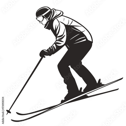 Dynamic black and white silhouette illustration of a skier in motion wearing a helmet and goggles holding ski poles and descending a slope on skis
