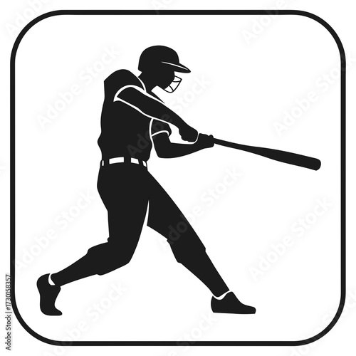 Silhouette of a baseball player in uniform swinging a bat with a helmet and catcher s mask on during a game on a white background with a rounded square border