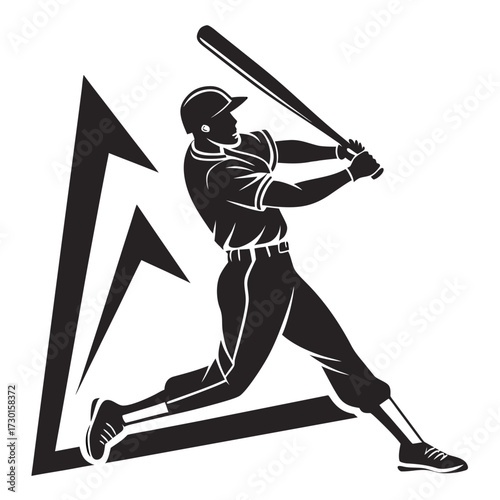 Dynamic black and white silhouette illustration of a baseball player in mid swing poised for a powerful hit set against abstract geometric shapes suggesting motion and energy