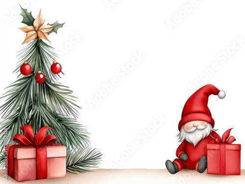 Christmas cute illustration of christmas tree gnome gift boxes. Festive holiday season artwork adorable elf present decorated evergreen winter celebration joyful new year charming