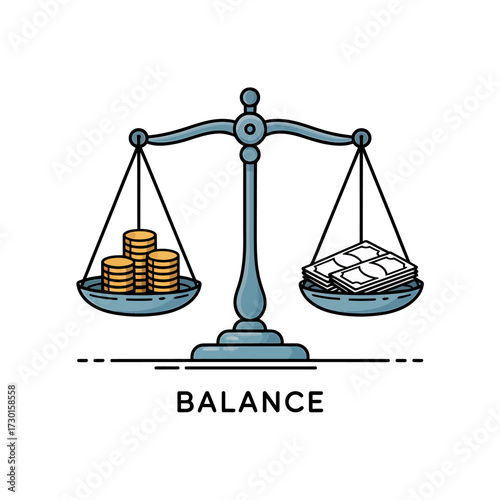 Balance scale showing money and gold coins isolated on a light background