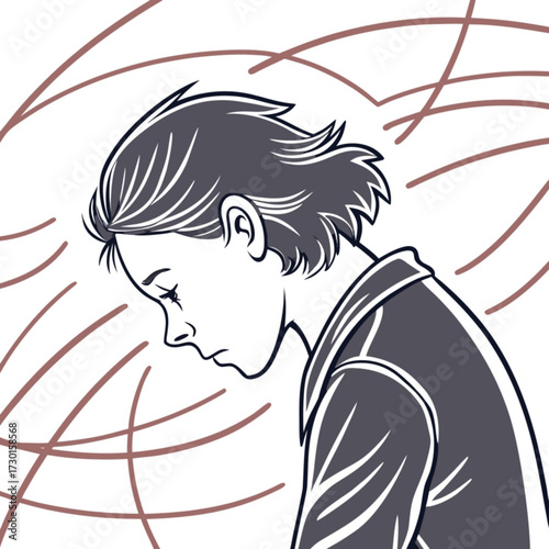Minimilist illustration of a person with short hair looking down with curved lines in the background in black and white vector