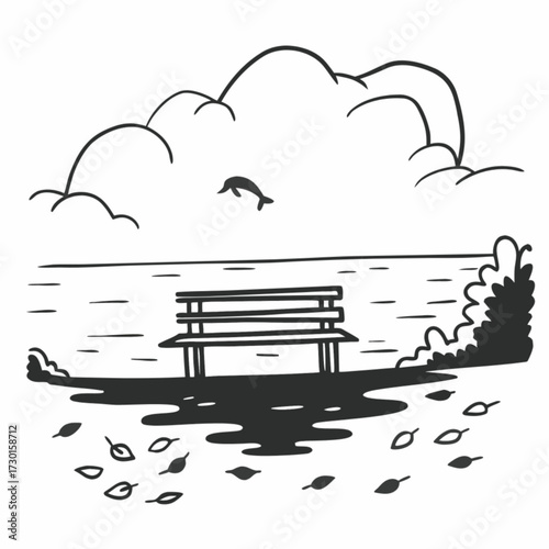 Minimilist a serene park bench scene with a distant dolphin under cloudy skies and scattered leaves nearby view drawing vector