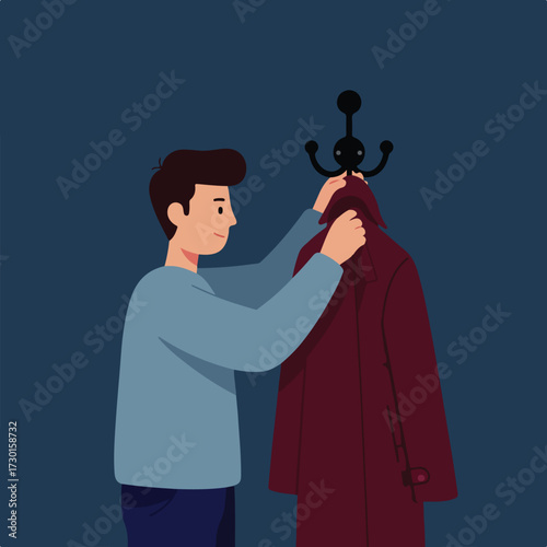Cartoon man hanging a maroon coat on a black coat rack against dark blue backdrop