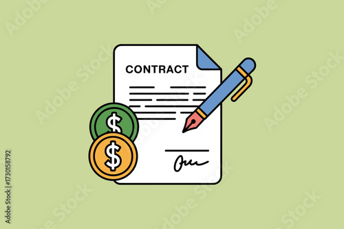 Contract with coins and pen isolated on white background