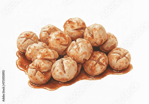 Broth-Dipped Pearls Fish balls with dipping sauce isolated watercolor vector illustration svg