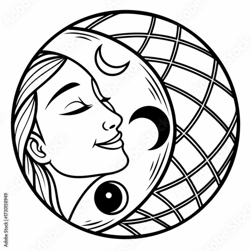 Minimilist woman profile with crescent moons and celestial globe in a circular black and white line art design vector