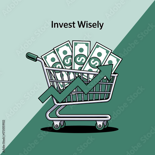 Shopping cart full of money with arrow up representing wise investment
