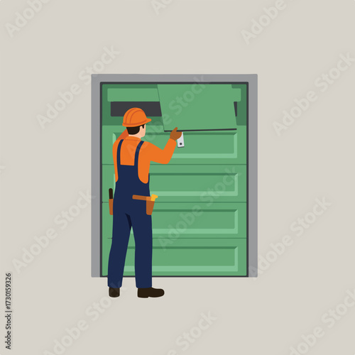 Worker repairs green panel door with level, wearing orange hard hat, overalls