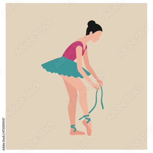 Ballerina laces pointe shoes, pink leotard, teal tutu on a cream background