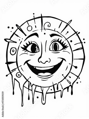 Minimilist black and white illustration of a sun with a face and dripping liquid around the bottom edge of the circle vector